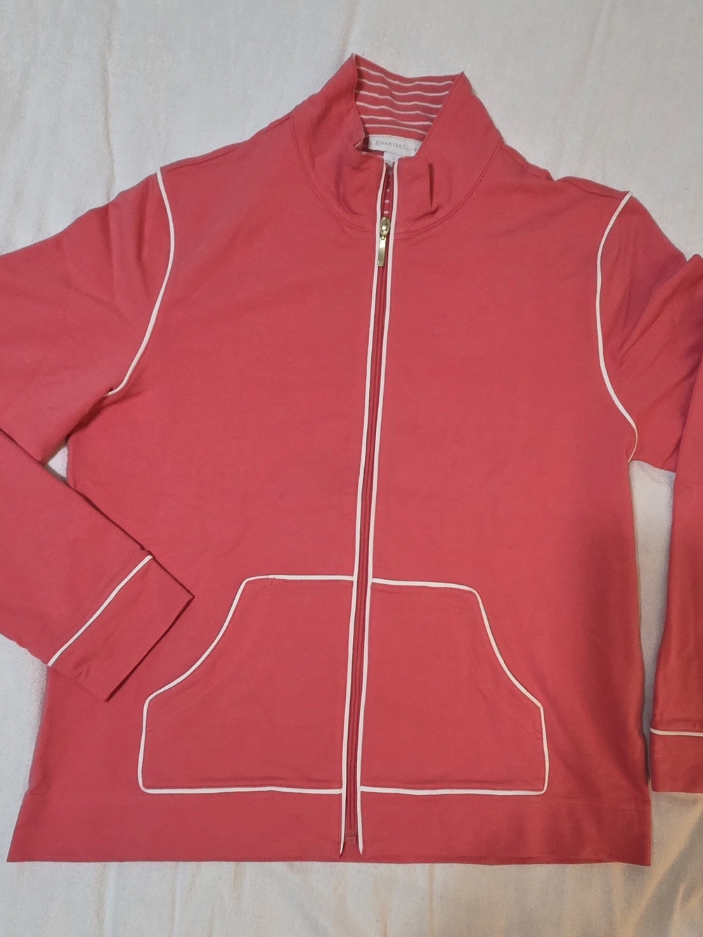 Charter Club Coral Pink Zip-Front Jacket with White Piping Women